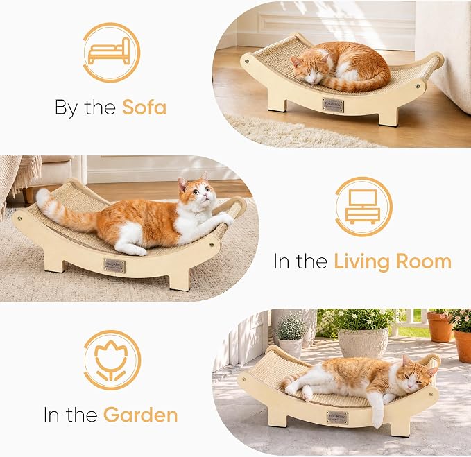 FUKUMARU Extra Large Sisal Cat Scratcher Bed Indoor Sturdy Wood Scratch Bed | 27.4 Inch Large Cat Scratching Bed Scratch Pad, 100% Natural Sisal Cat Hammock, Solid Wood Frame Lounger Chair Sofa