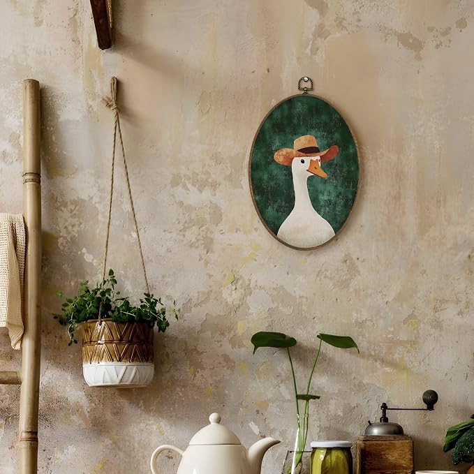 LKETW Vintage Western Silly Goose Oval Wall Art Decor, Farmhouse Cowboy Goose Oval Canvas Hanging Decor, Retro Western Farm Animals Wall Decorations for Home Bedroom Nursery Room, 8.6x11.4 Inch