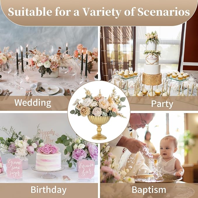 Sziqiqi Gold Urn Vase for Wedding, Tall Vases Centrepieces for Table, 2Pcs | 7.9in Compote Vase, Metal Flower Holder Vases for Floral Arrangement, Pedestal Footed Bowl for Birthday, Party, Anniversary