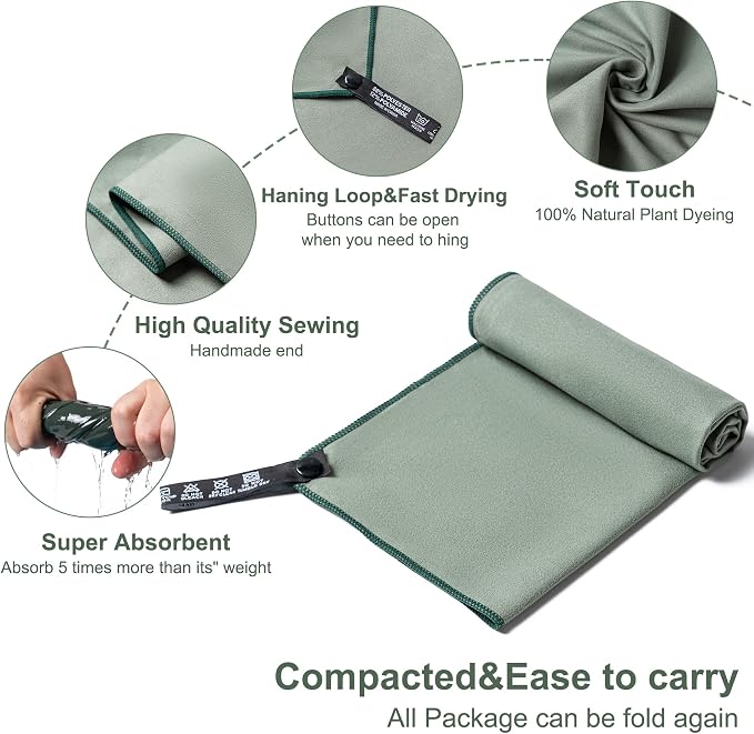Aegero Camping Towel,2 Pack Microfiber Travel Sports Towel,Quick Dry-Super Absorbent-Ultra Compact-Ultra Soft-Lightweight.Suitable for Gym,Yoga,Trip,Beach,Shower,Backpacking,Pool(Apple Green)