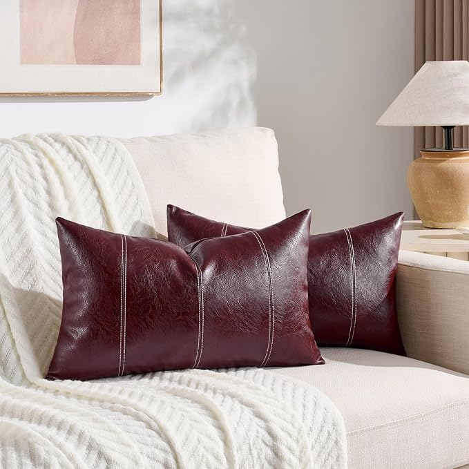Fancy Homi Burgundy Lumbar Waterproof Faux Leather Decorative Throw Pillow Covers 12x20 Inch for Living Room Couch Bed, Modern Farmhouse Boho Home Decor, Wine Red Hand Stitched Cushion Case 30x50 cm