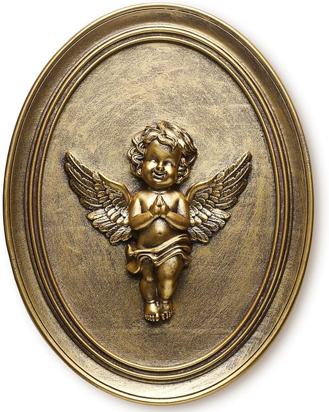 Newinhome Vintage Cherub Wall Sculpture Antique Wall Decor Hand Painted with Embossed Cherub Design, Oval Aesthetic Room Decor, Vintage Decoration for Living Room Hallway and Bedroom,Unique Gifts