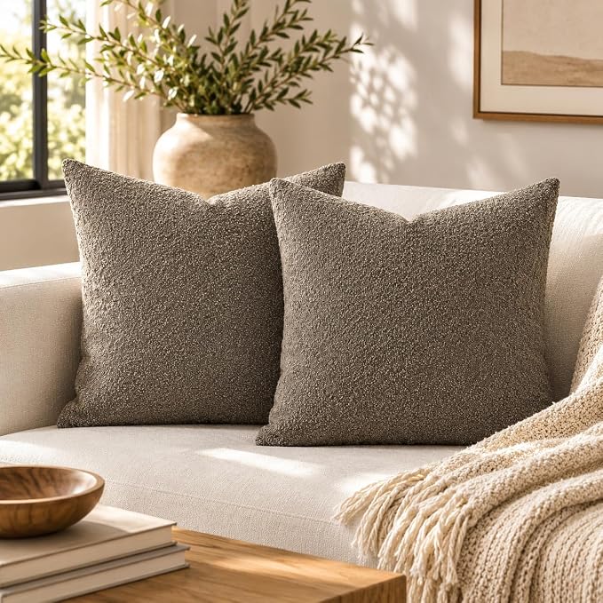 JoraLion 18x18 inch Boucle Throw Pillow Covers, Brown Woven Texture Neutral Pillow Cover Breathable Cushion Case for Couch Sofa Bed Living Room Home Decor, Pack of 2, No Insert