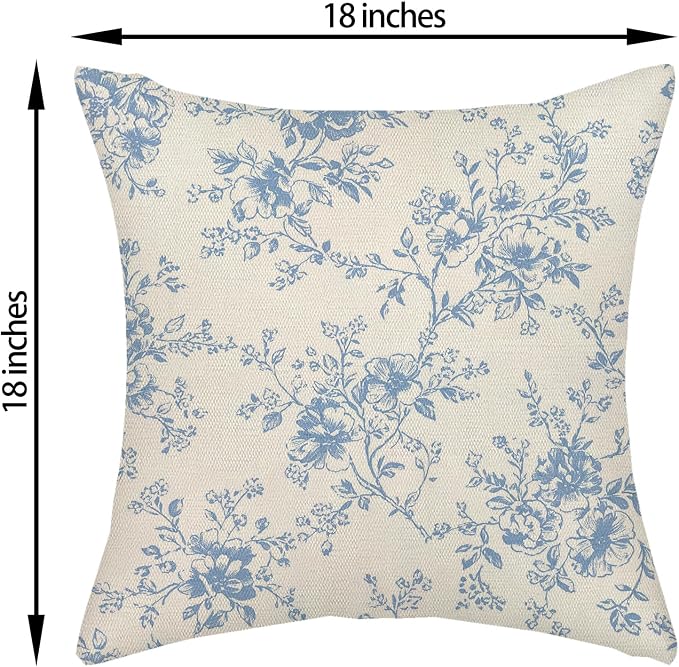 Baby Blue and Cream Flower Pillow Covers 18x18 Set of 2 Chinoiserie Floral Decorative Throw Pillows Vintage Toile Flower Pillowcase Linen Outdoor Farmhouse Cushion Cover for Couch Sofa Decor