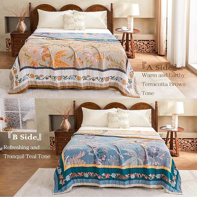 XIBLC Boho Blanket, 100% Cotton Farmhouse Decorative Throw Blanket, 80"x90" Reversible Bohemian Throw Blanket, Brown All Season Muslin Breathable Woven Blankets Quilt