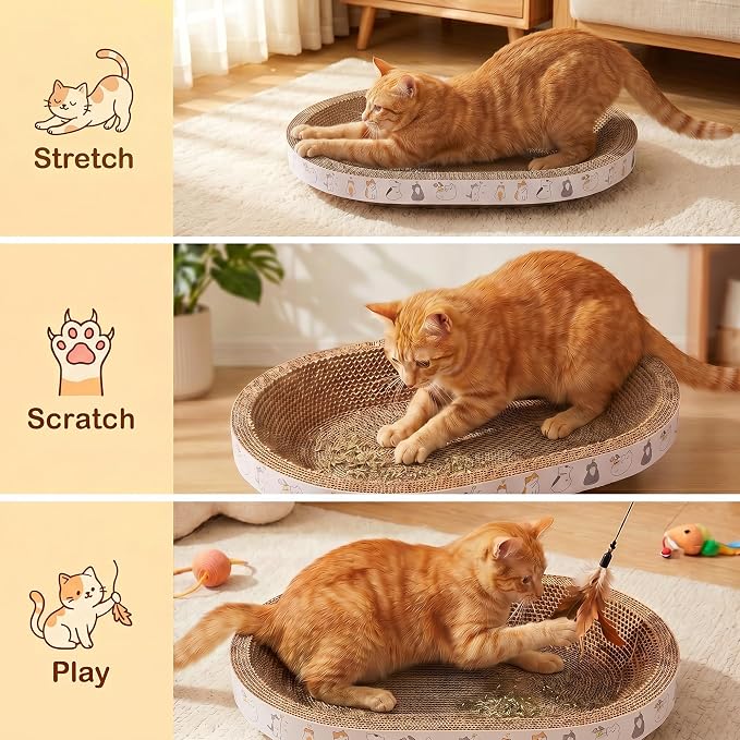 PatiencET Oval Cat Scratcher Bed for Indoor Cats with Catnip | Corrugated Cardboard Pad, Cat Scratching Board for Scratching, Stretching, Playing and Lounging, 17 x 12 Inch