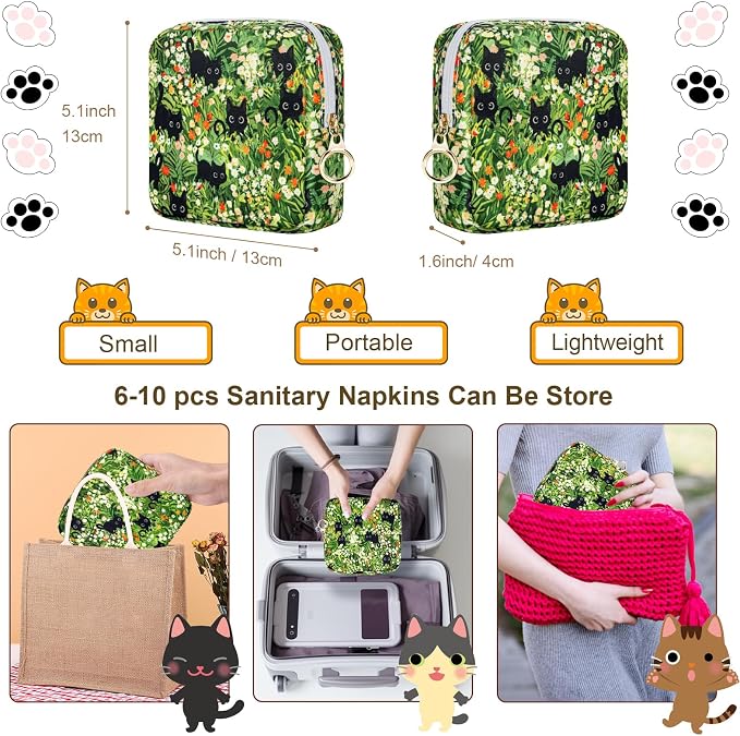 Likesing Tampon Holder for Purse, Canvas Period Bag Sanitary Napkin Storage Bag for Girls Womens, Portable Feminine Emergency Pad Period Pouch(Kitten Grass)