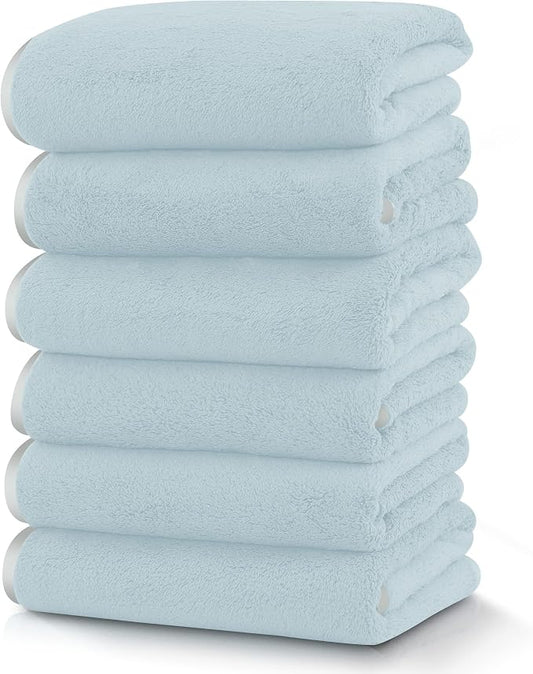TENSTARS Silk Hemming Hand Towels for Bathroom - Quick Drying - Ultra Soft Microfiber Absorbent Towel for Bath Fitness, Gym, Shower, Hotel, and Spa - 16x28 Inch | Set of 6, Light Teal