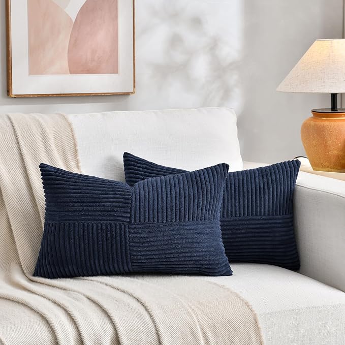 Fancy Homi Navy Blue Lumbar Decorative Throw Pillow Covers 12x20 Inch for Living Room Couch, Rustic Farmhouse Boho Home Decor, Soft Striped Corduroy Rectangle Accent Cushion Case 30x50 cm