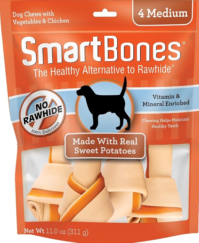 SmartBones Medium Bones Rawhide-Free Dog Treat, Real Sweet Potato, 4 Count | With Real Sweet Potato & Chicken, Easy To Digest Chew, Vitamin & Mineral Enriched, Supports Dental Health, For Medium Dogs
