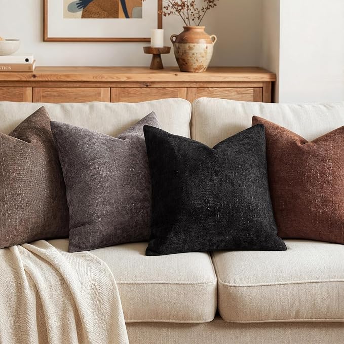 MIULEE Textured Chenille Throw Pillow Covers 20x20 Inch Black | Pack of 2 Decorative Soft Throw Pillows, Solid Textured Cushion Covers, Modern Home Decor for Couch Sofa Bedroom Living Room