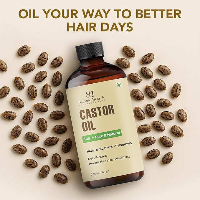 Botanic Hearth Castor Oil & Hair Treatment Oils| 100% Pure & Natural, Cold Pressed | 2 fl oz| For Hair, Eyelashes & Eyebrows | Hexane Free, Fast Absorbing | With Applicators & Dropper