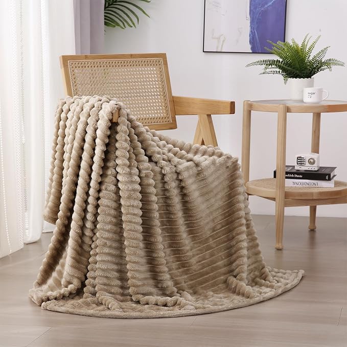 Tan Fleece Throw Blanket 90”×90” for Couch Sofa Livingroom | Super Soft Cozy Plush Microfiber Flannel Bed Blanket Striped Design Lightweight Home Decor Gifts for Adults Mom Women