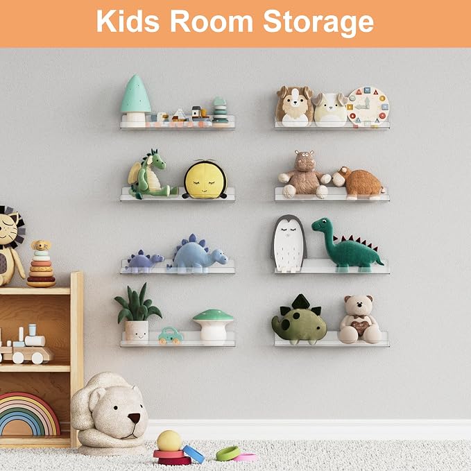 upsimples 14 Pcs 15" Acrylic Shelves for Wall Display and Storage, Clear | Transparent Design Highlights Skincare, Perfume, Easy-to-Find Versatile Floating Shelves for Bathroom, Bedroom and Playroom