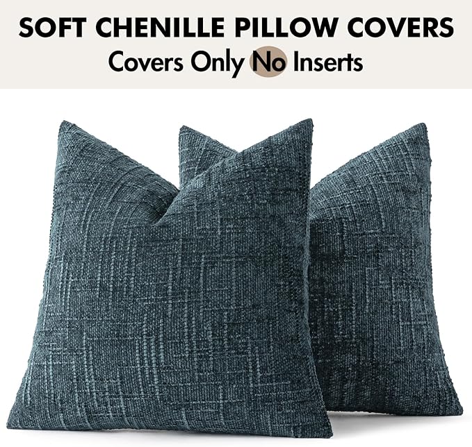MIULEE Chenille Textured Throw Pillow Covers Blue 18x18 Set of 2 | Slubby Decorative Pillows, Boho Farmhouse Coastal Decor, Modern Neutral Cushion Covers for Couch Sofa Bed Living Room