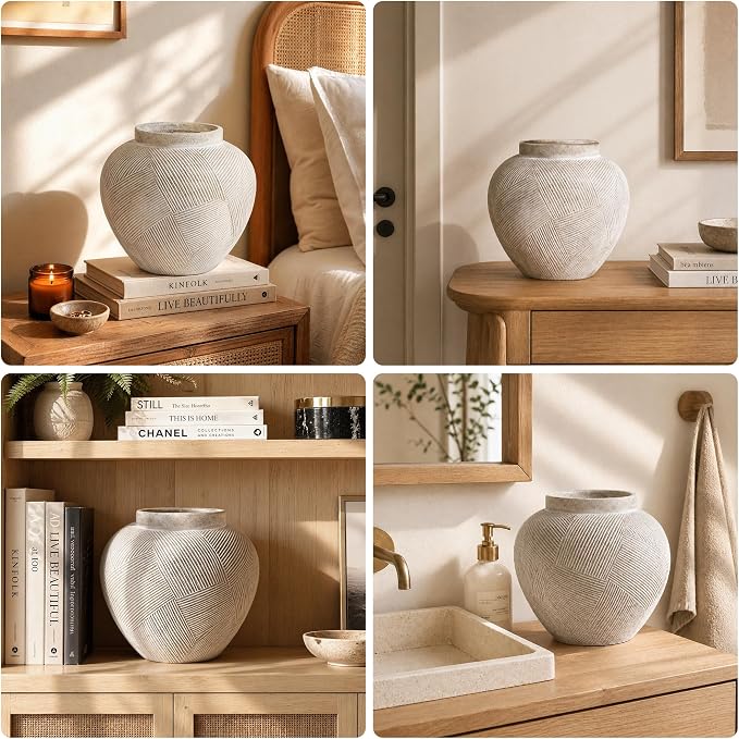 DREAMLOOM 7.7 Inch Flat Ceramic Flower Vase, Cream Grey | Textured, Farmhouse Vintage, Pottery Terracotta, Home Decor, Living Room Dining Table Wedding Centerpieces
