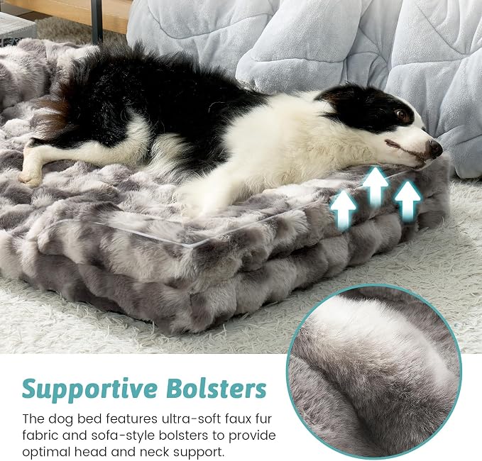 COZY KISS Faux Fur Orthopedic Dog Bed Washable for Extra Large Dogs, XL | Soft Warm Pet Sofa with Sides or Bolster, Non-Slip and Big Dog Couch with Removable Waterproof Cover, 44x32 in, Tie Dye Grey