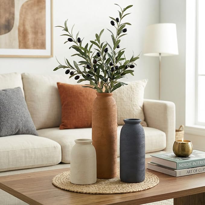 Ceramic Vase Set of 3, Small Flower Rustic Vases Home Table Decor, Modern Farmhouse Neutral Boho Pampas Pottery Vases Decorative for Centerpiece Mantel Entryway Shelf Living Room Kitchen