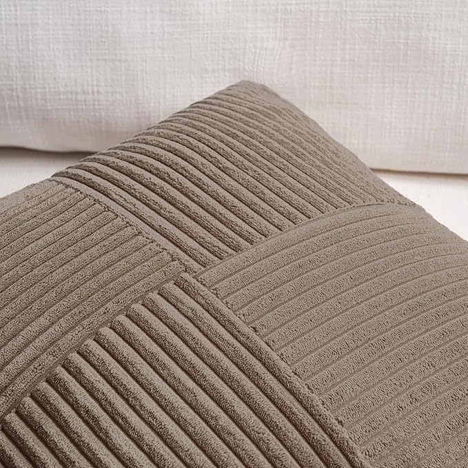 Fancy Homi Set of 1, Decorative Light Brown Corduroy Patchwork Soft Striped Modern Accent Cushion Case Farmhouse Boho Neutral Throw Pillow Covers for Chair Couch Sofa Bed Living Room Home 16x16 Inch