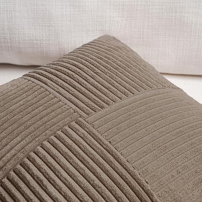Fancy Homi Set of 1, Decorative Light Brown Corduroy Patchwork Soft Striped Modern Accent Cushion Case Farmhouse Boho Neutral Throw Pillow Covers for Chair Couch Sofa Bed Living Room Home 24x12 Inch