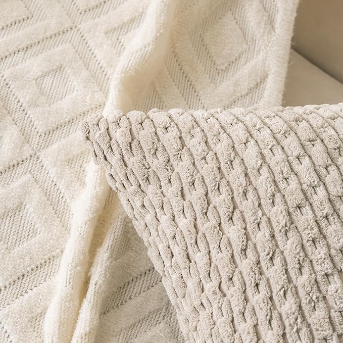 Set of 4 Navy White Taupe Decorative Throw Pillow Covers 22x22 Inch Corduroy Pillow Covers for Bed Couch Sofa Living Room Soft Square Cushion Cases