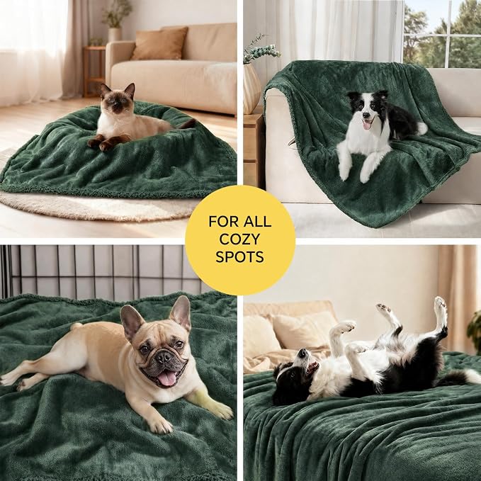 Luciphia Waterproof Blanket for Large Dog, Reversible Sherpa Couch Cover | waterproof pet blanket sherpa fleece reversible couch cover bed protector car from spills scratches, Dark Green 57" x 40"