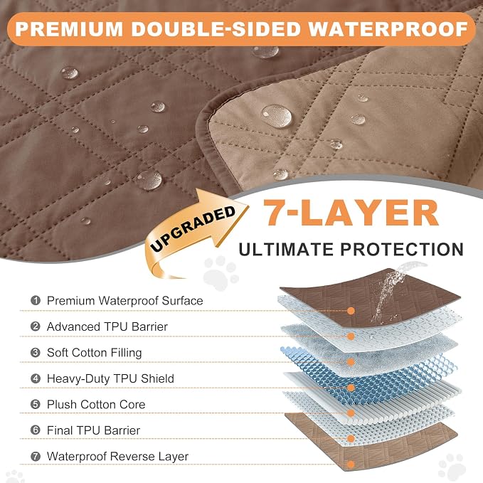 100% Waterproof Dog Bed Cover Pet Blanket,Dark Brown+Taupe 35"x71" | ,7-Layer Reversible Couch Covers for Dogs Met for Sofa Furniture Car Camping