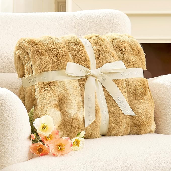 Cozy Bliss Deluxe Striped Rabbit Faux Fur Throw Blanket, Soft Fluffy Warm Plush Blanket for Winter, Modern Homr Decor, Tie-dye Khaki 50"x60"