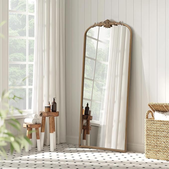 Besdomus Vintage Mirror Full Length: 21"x56" Brass Gold Arched Body Mirrors | French Floor Standing Metal Framed - Antique Baroque Traditional Ornate - Ideal for Foyer/Cloakroom/Bedroom/Dressing Room