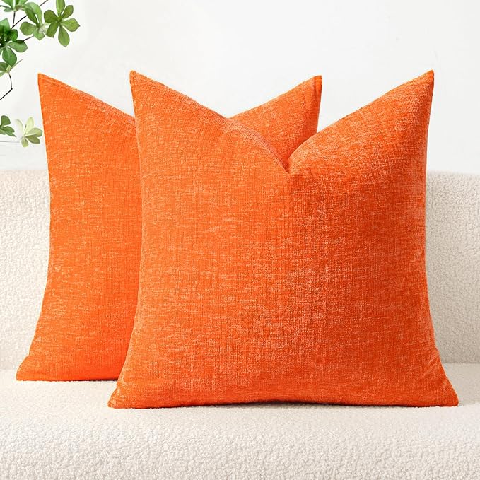 MIULEE Chenille Fall Throw Pillow Covers Bright Orange 20x20 Pack of 2 | Modern Fall Home Decor, Classic Decorative Pillows, Solid Dyed Cases, Boho Couch Cushion Covers for Sofa Bed Living Room