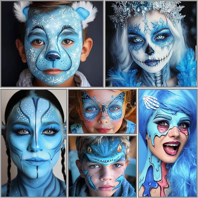 White Black & Light Blue Sally Makeup Face Body Paint, Corpse Bride Face Painting Kit with Painting Brushes for Halloween, Water Based Face Paints for Smurf Avatar Mermaid & Demon SFX Costume Make-Up