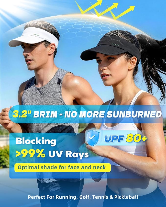 Sun Visor Hats for Women Men - Wide Brim Quick Dry Adjustable Hat | Upf 80+ Sun Protection Sport Hat, Cooling Sweatband; Breathable Quick-Dry Fabric Visors for Running, Tennis, Golf, Sports