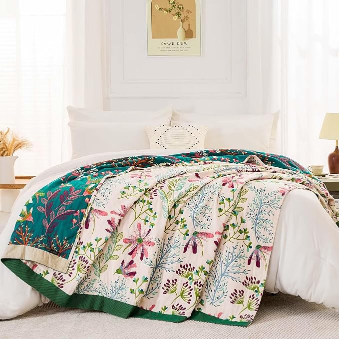 XIBLC Boho Throw Blanket for Bed, 100% Cotton Soft Rustic Quilt Fall Blanket, 50"x60" Green Floral Printed Farmhouse Decor Bed Blankets, All Season Rustic Reversible Bohemian Throw Quilt