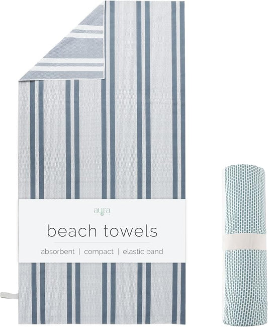 S&T INC. Aura Beach Towel 2 Pack, Quick-Dry Pool Towels with Elastic Band for Travel, Gym, and Yoga, Sand Resistant, 35 inches x 70 inches, Stripes