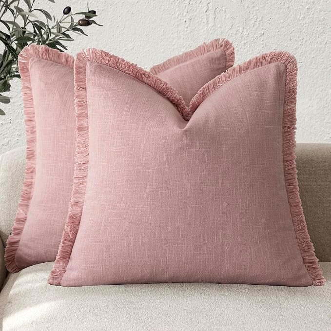 Foindtower Set of 2 Decorative Linen Fringe Throw Pillow Covers Cozy Boho Farmhouse Cushion Cover with Tassels Soft Accent Pillowcase for Couch Sofa Bed Living Room Home Decor,20×20 Inch,Rose Pink
