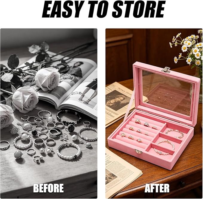 Small Velvet Jewelry Tray with Clear Lid, 2-in-1 Pink | Lockable Ring Earring Holder Organizer Storage Box Case Jewelry Box Organizer for Rings Earrings Bracelets Brooches
