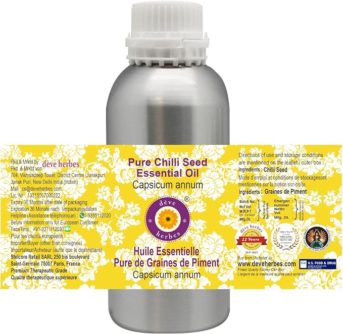 Deve Herbes Pure Chilli Seed Essential Oil (Capsicum annum) Steam Distilled 630ml (21 oz)