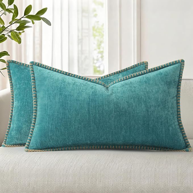 decorUhome Soft Chenille Throw Pillow Covers 12x20 Set of 2 Turquoise | Fall Textured Decorative Throw Pillow Cases Stitched Edge Modern Farmhouse Luxury Boho Velvet for Couch Sofa Bed Home Decor