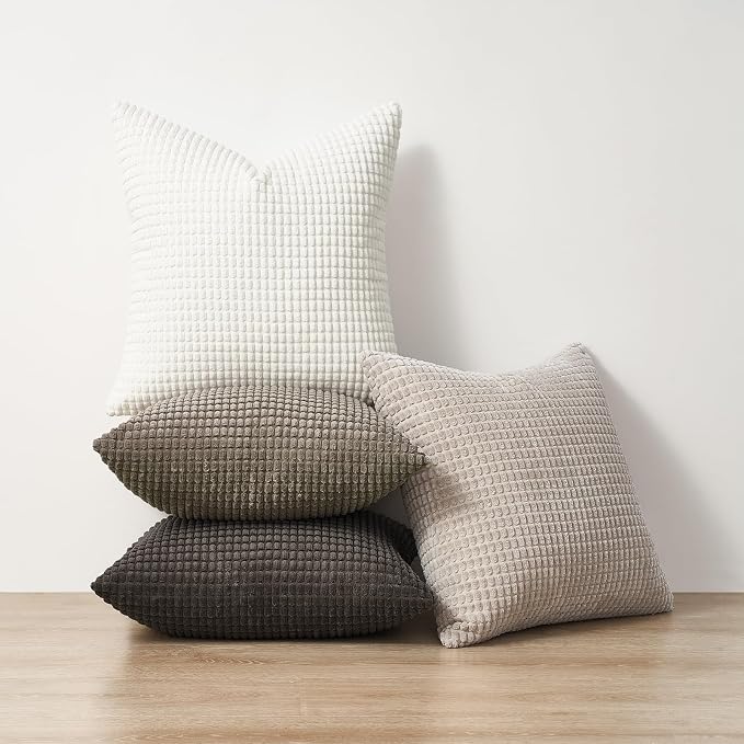 Topfinel Neutral Grey Throw Pillows Covers for Couch Living Room,Boho Corduroy Striped Grey Cushion Covers Holiday 4 Packs, Nordic Cushion Case-Vintage Fluffy Large Bedroom Shams 18x18 Inch Set of 4