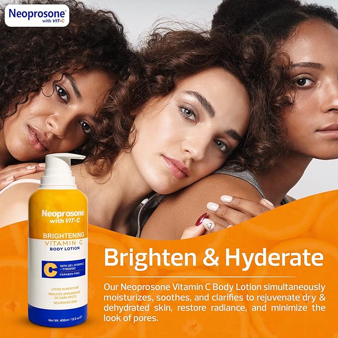 Neoprosone Brightening Body Lotion - 13.5 Fl Oz / 400ml - Formulated to Fade Dark Spots on Elbows, Knees, Neck, Body, and Intimate Parts, with Tyrostat, Shea Butter, Vitamin C, Vitamin E