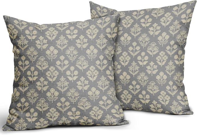 Grey Gray Floral Block Print Pillow Covers 20x20 Inch Set of 2, Vintage Flower Pattern Decorative Throw Pillowcases Outdoor Farmhouse Cushion Covers Spring Summer Rustic Sofa Couch Bed Decor