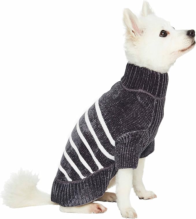 Blueberry Pet Cozy Soft Chenille Classy Striped Dog Sweater in Chic Grey, Back Length 14", Pack of 1 Clothes for Dogs