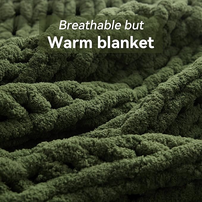 Negwoo Chunky Knit Throw Blanket, Knitted Throw Chenille Yarn, 80"*90" | Soft Thick Cable Knitted Blankets, Handmade Big Thick Blanket, Machine Washable Cute Comfy Blanket for Home Decor, Green