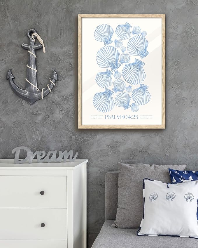 EcoHest 16x20 in Psalm 104:25 Coastal Seashell Framed Christian Wall Art | Solid Oak Wood Frame with Canvas Wall Art, Scripture Bible Verse Decor for Bedroom, Living Room, Office, Church, 1Pack