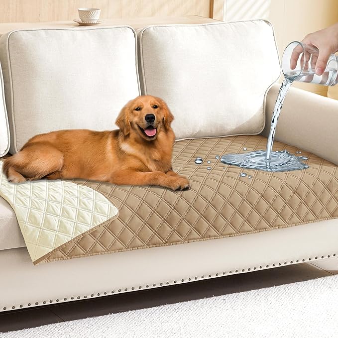 Smiry Waterproof Reversible Pet Couch Covers for Dogs | Pet Friendly, Soft Fabric, Washable Sofa Furniture Protector for Dogs Cat Kids, Checkered (30"x70", Camel/Beige)