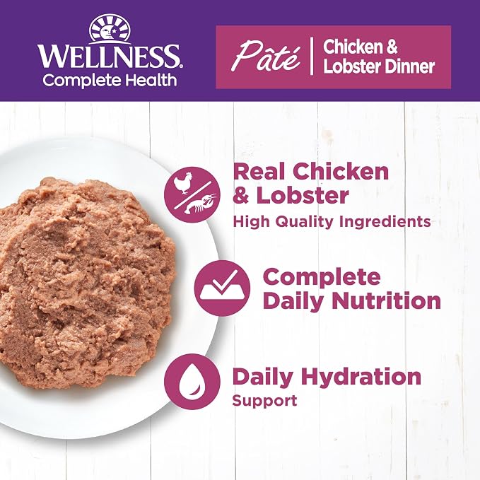 Wellness Complete Health Pate Adult Canned Wet Cat Food, Natural, Protein Rich, Grain Free, Chicken and Lobster Dinner Recipe, 5.5 oz, Pack of 24 Cans