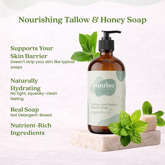 Tallow & Honey Liquid Soap – Peppermint – Natural Face, Body & Hand Wash – Grass-Fed Beef Tallow Cleanser – Gentle Moisturizing Soap – 16 oz