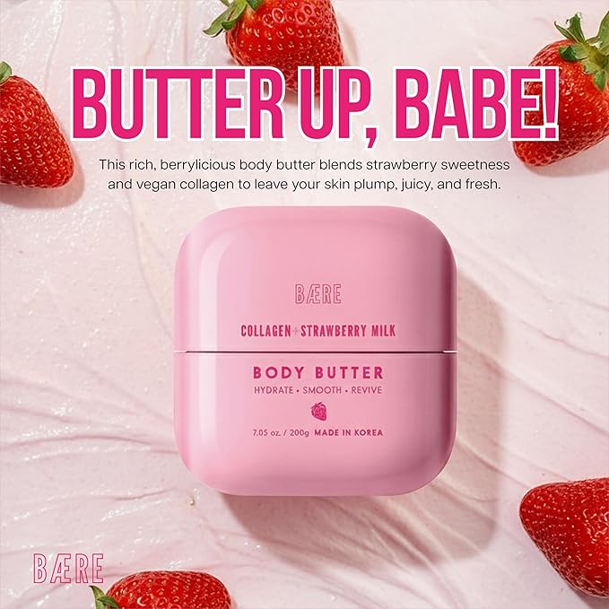 Collagen Body Butter with Strawberry Milk – Dermatologist Tested, Anti Aging Korean Skin Care – Deep Moisture For Soft Dewy Skin & Smooth Texture – Vegan Clean Beauty Body Moisturizer – 7 Fl Oz