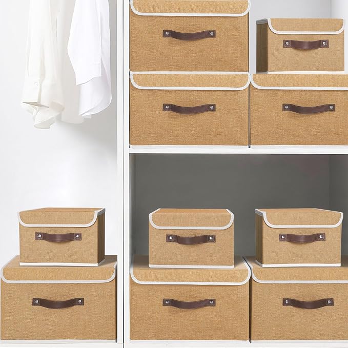 ANMINY Fabric Storage Box Bins with Lids, Khaki, 13"x9"x7.9", 4 Pack | Keepsake Memory Storage, Cotton Linen, PP Board Reinforced, Washable, PU Handles, Foldable & Stackable, Decorative, Medium
