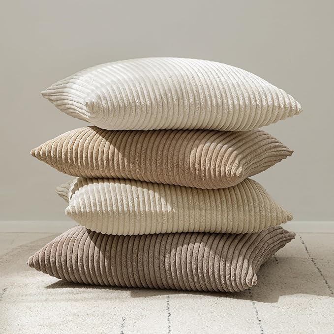 MIULEE Decorative Corduroy Throw Pillow Covers Set of 2 22x22 Cream White | Soft Striped Textured Cushion Cases, Boho Square Pillowcases Neutral Home Decor, for Couch Chair Sofa Bed Living Room